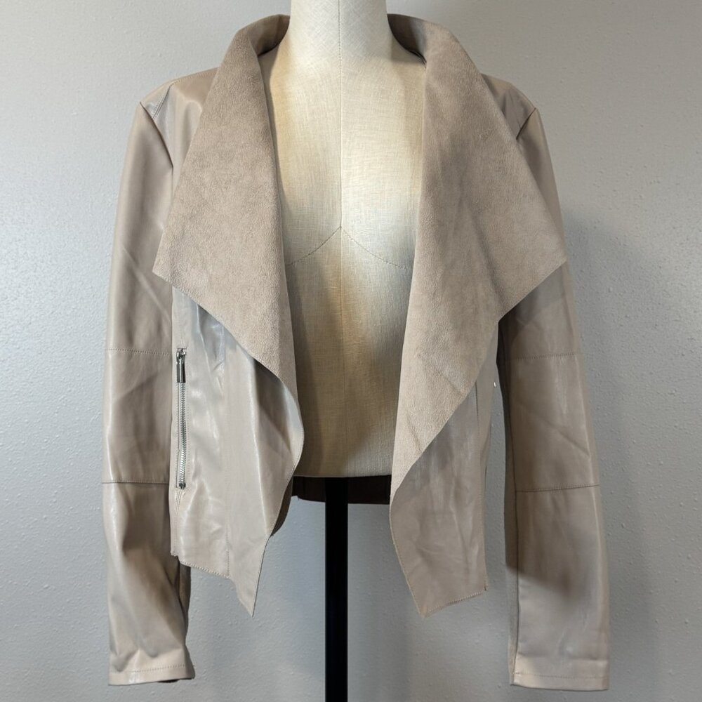 Bagatelle Womens Size L Beige Faux Leather Draped Jacket Open Front Long Sleeve - Picture 2 of 16